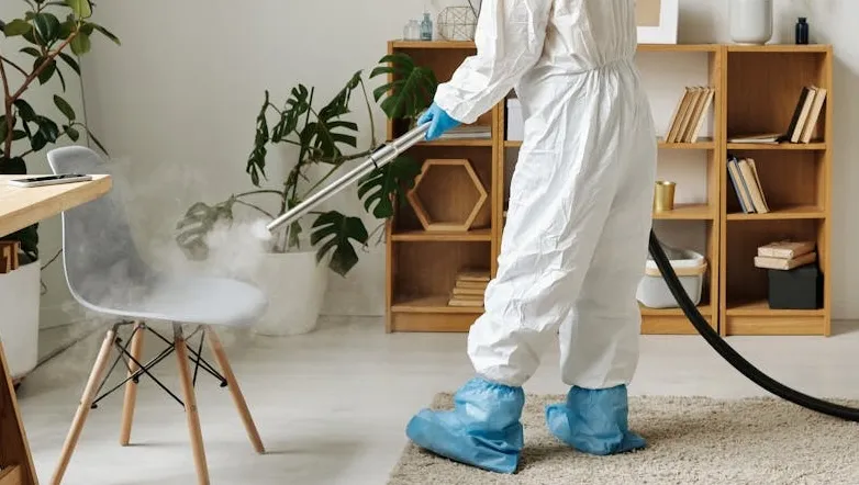 person in protective clothing using a fogging machine on a chair in a furnished living room
